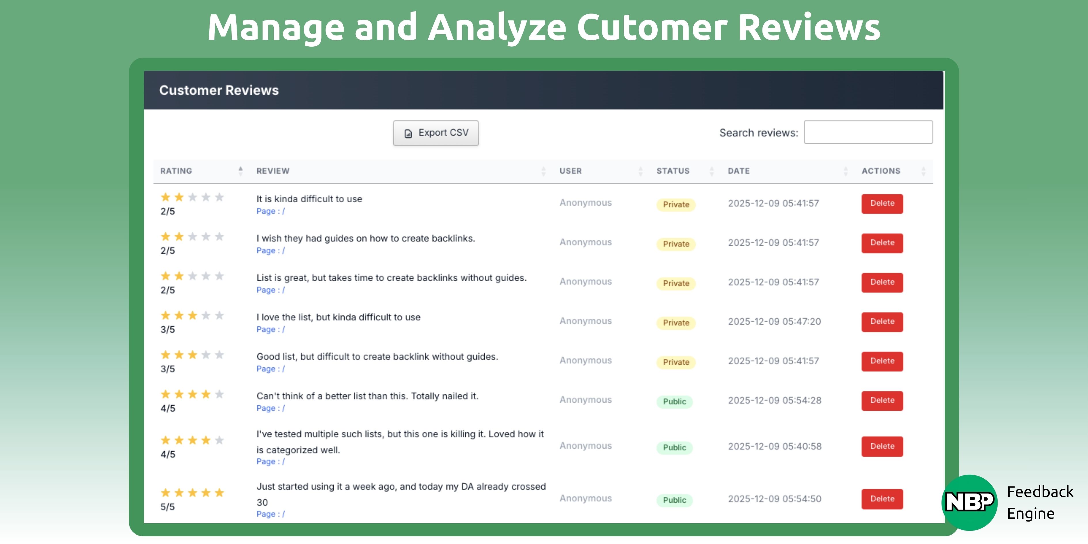 NBP Feedback Engine features