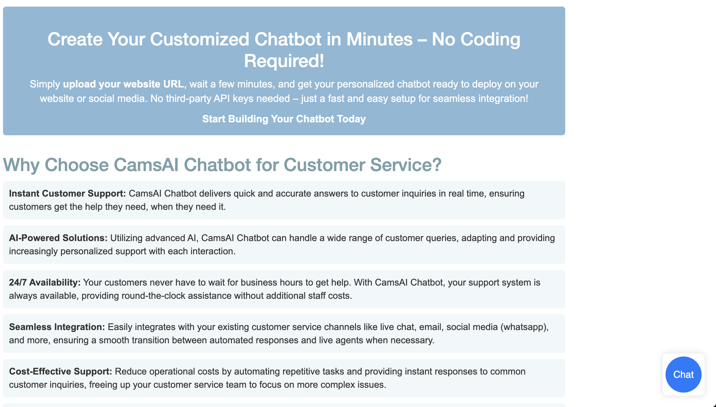 CamsAI Chatbot features