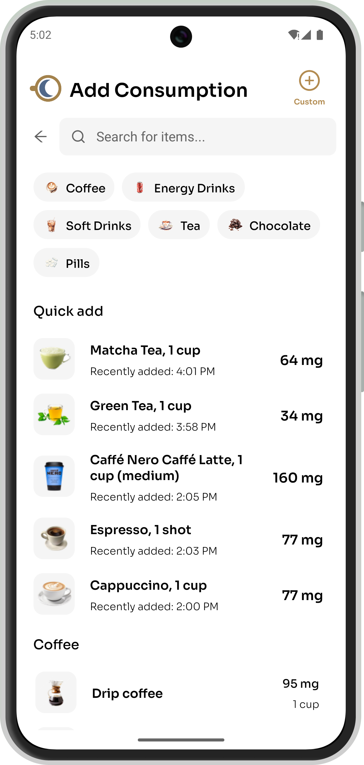 Caffeine Clock features
