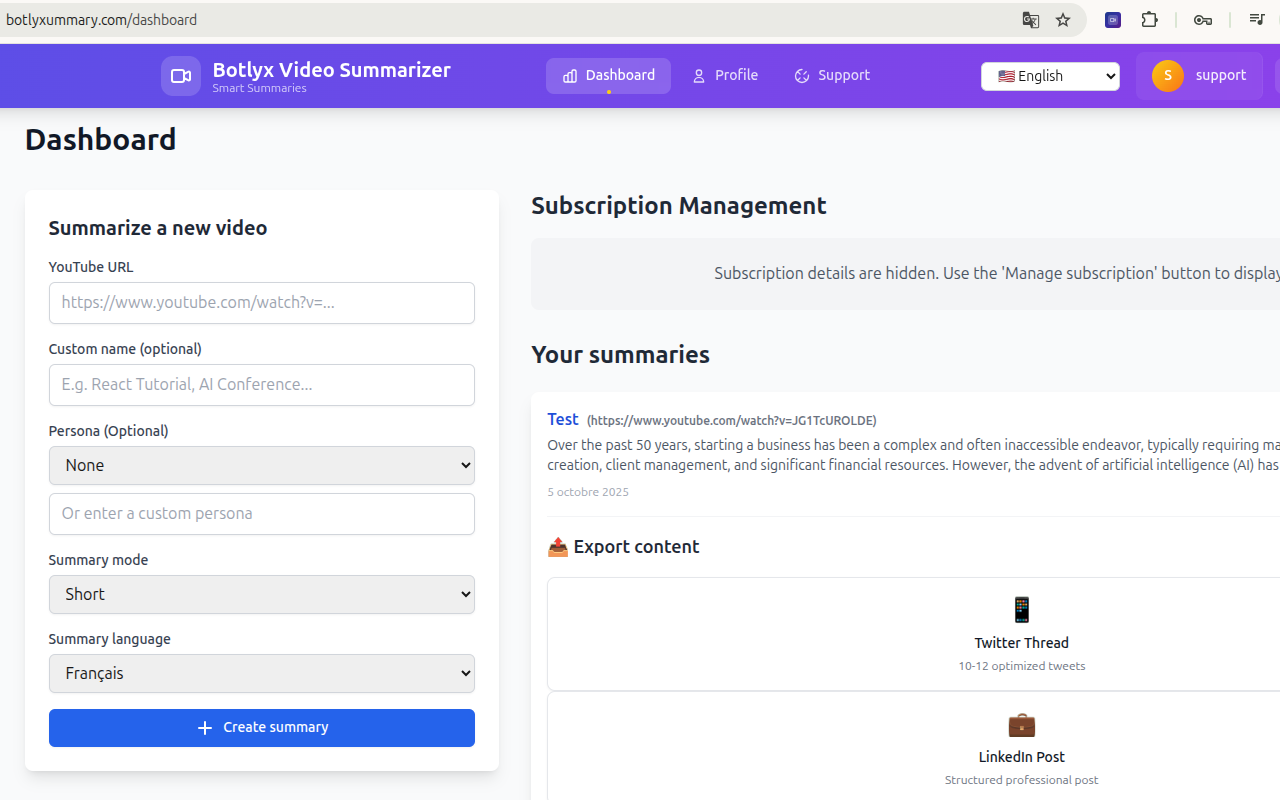 Botlyx Video Summarizer features
