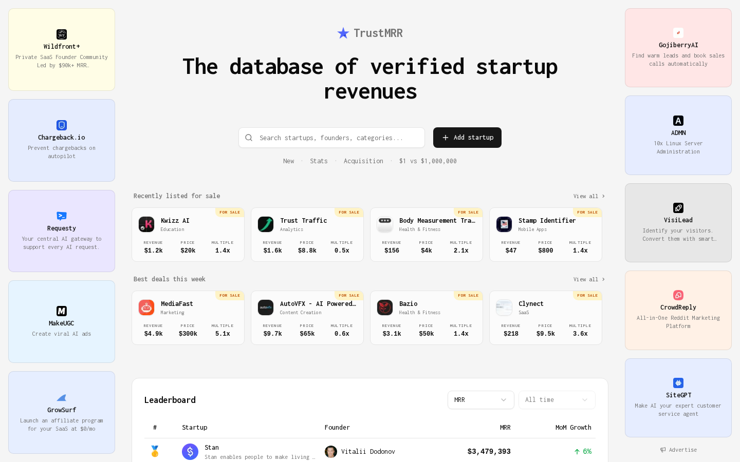 TrustMRR.com features